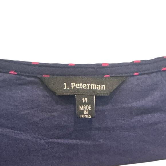 J. Peterman Womens Button Front Midi Dress Size 14 Navy Blue Polka Dot Classic - Picture 2 of 9